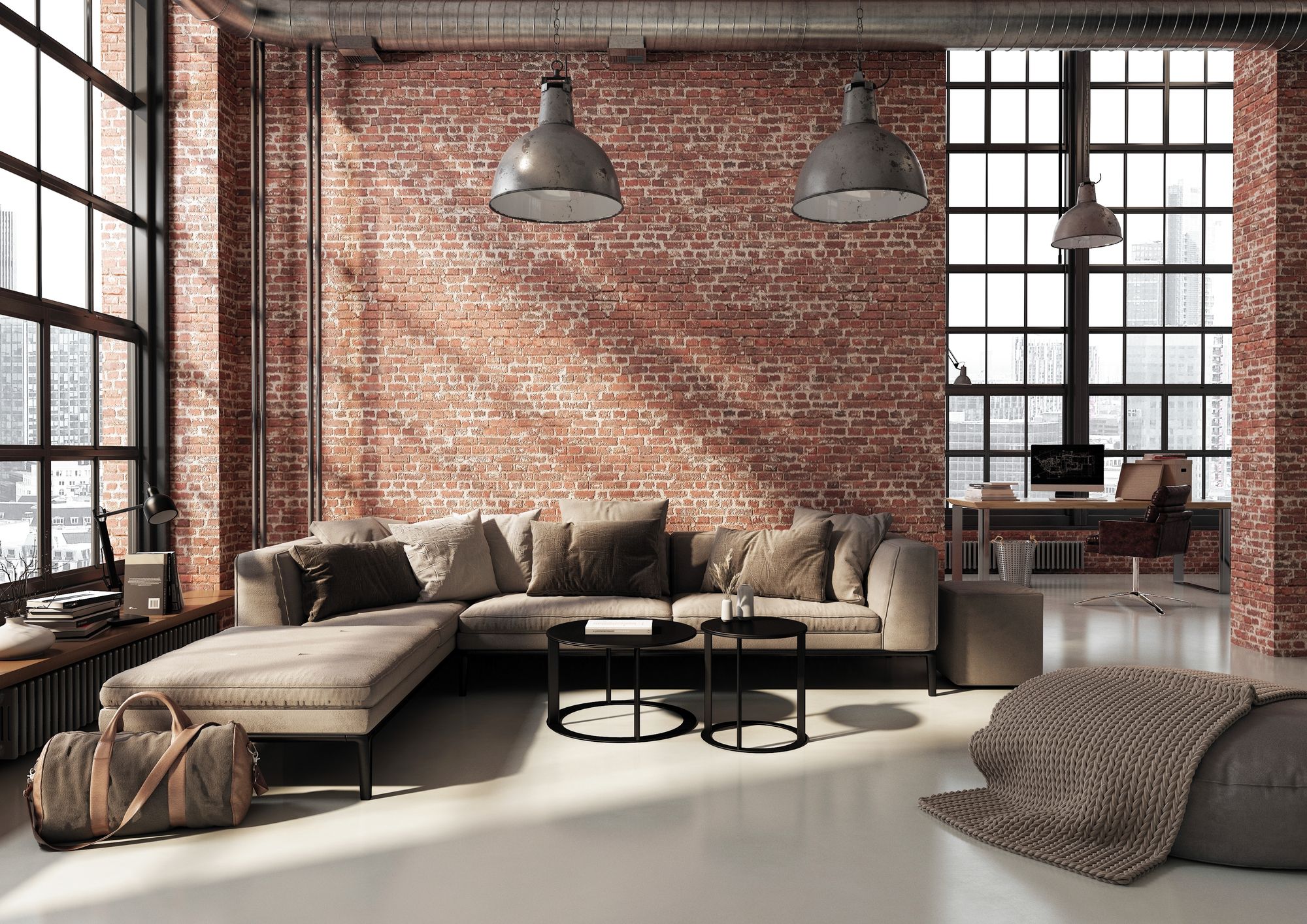 l-shapped couch in a room with brick walls evoking an industrial vibe